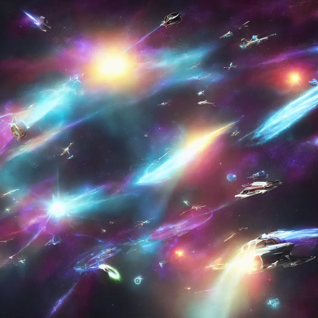 Image similar to galactic space fleet flying into a warp portal, 8 k resolution