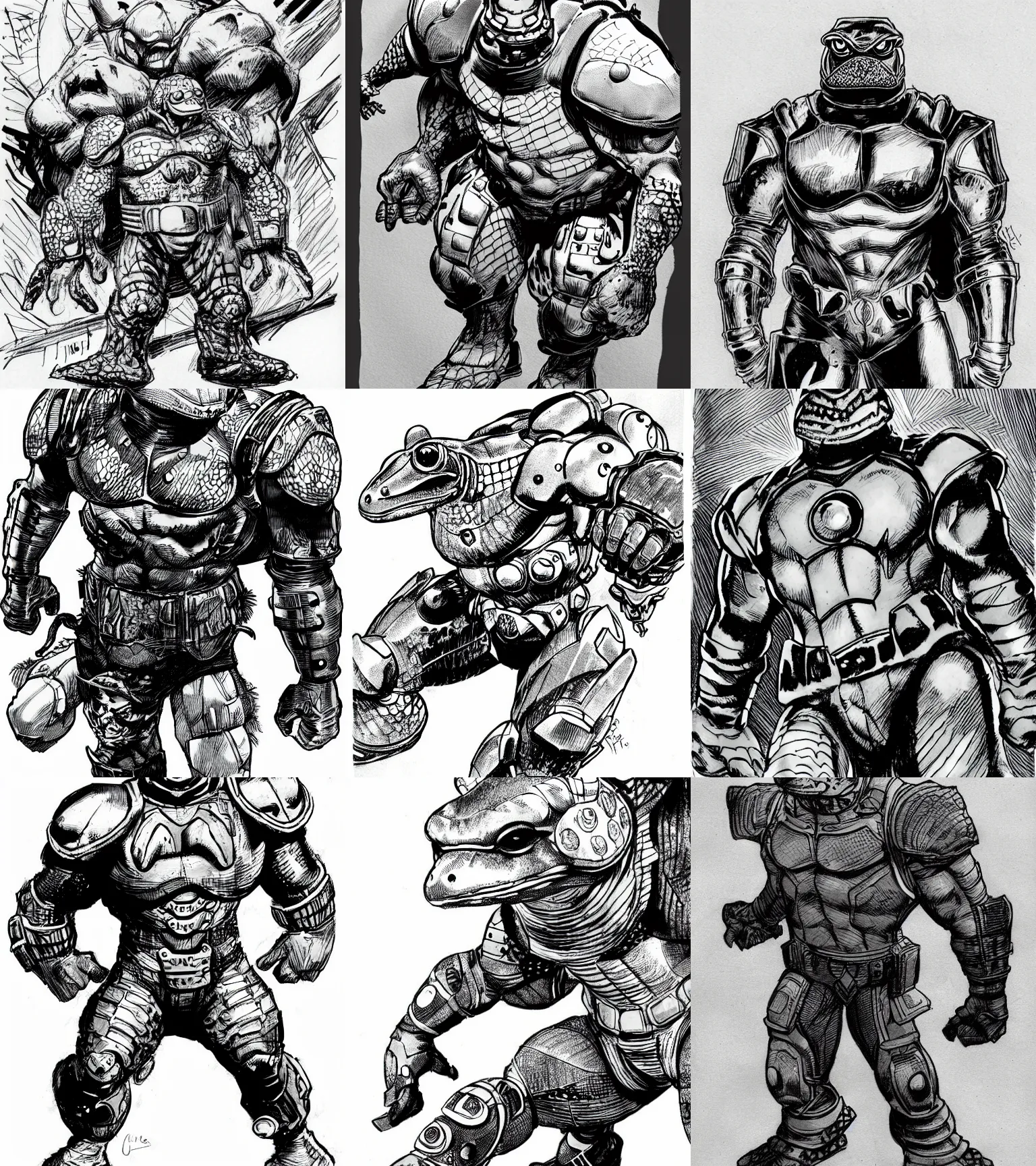 Image similar to toad animal!!! jim lee!!! medium shot!! flat grayscale ink sketch by jim lee close up in the style of jim lee, cyborg! armored! hunter hulk toad animal looks at the camera by jim lee