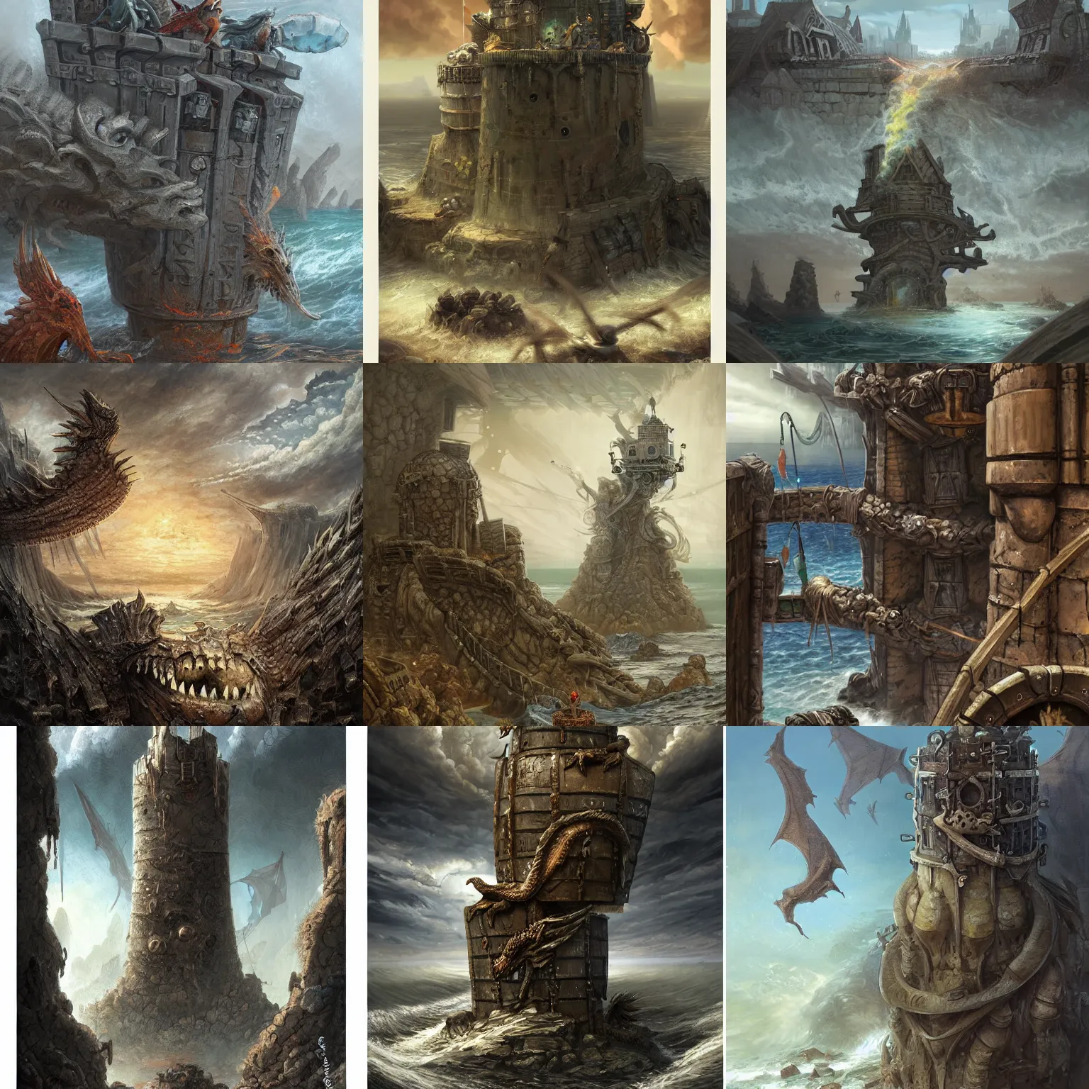 Prompt: post apocalyptic metal barrel tower prison with dragons in ocean, low - relief stone sculpture, low detailed. digital painting, artstation, concept art, smooth, sharp focus, illustration, artstation, art by giger and greg rutkowski and hikari shimoda and edmund blair leighton and charlie bowater