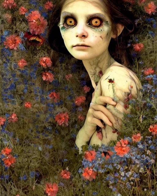 Prompt: a pretty but sinister and creepy goblin in layers of fear, with haunted eyes, violence in her eyes, 1 9 7 0 s, seventies, delicate embellishments, a little blood, woodland, blue dawn light shining on wildflowers, painterly, faded, offset printing technique, by walter popp, alexandre cabanel