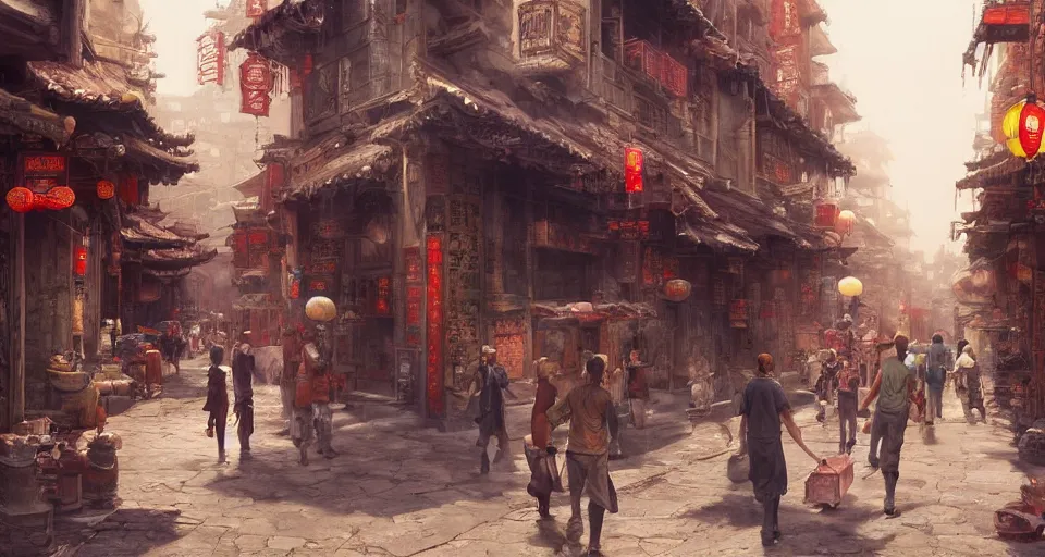 Image similar to craig mullins and ghibli digital art of chinatown street, sunset alley, in the bustling ancient chinese city, the god of erlang yang jian came from a distance, unreal engine, hyper realism, realistic shading, cinematic composition, realistic render, octane render, detailed textures, photorealistic, wide shot