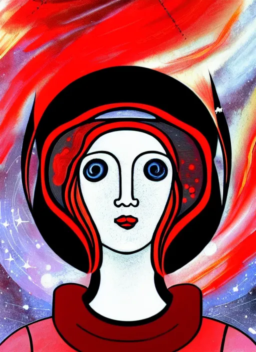 Prompt: highly detailed portrait of a hopeful pretty astronaut lady with a wavy blonde hair, by Alexej von Jawlensky, 4k resolution, nier:automata inspired, bravely default inspired, vibrant but dreary but upflifting red, black and white color scheme!!! ((Space nebula background))