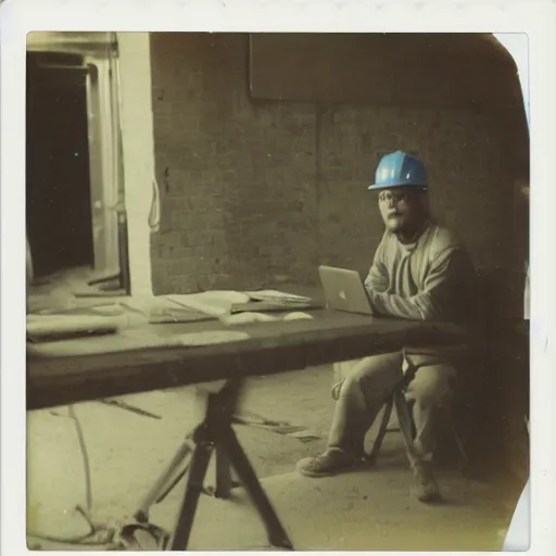 Image similar to a polaroid photo of man using a laptop inside in warehouse, he sitting on chair and small table, he's wearing blue cloth and construction hat, photo from behind, highly details, perfect face shape, cinematic lighting,