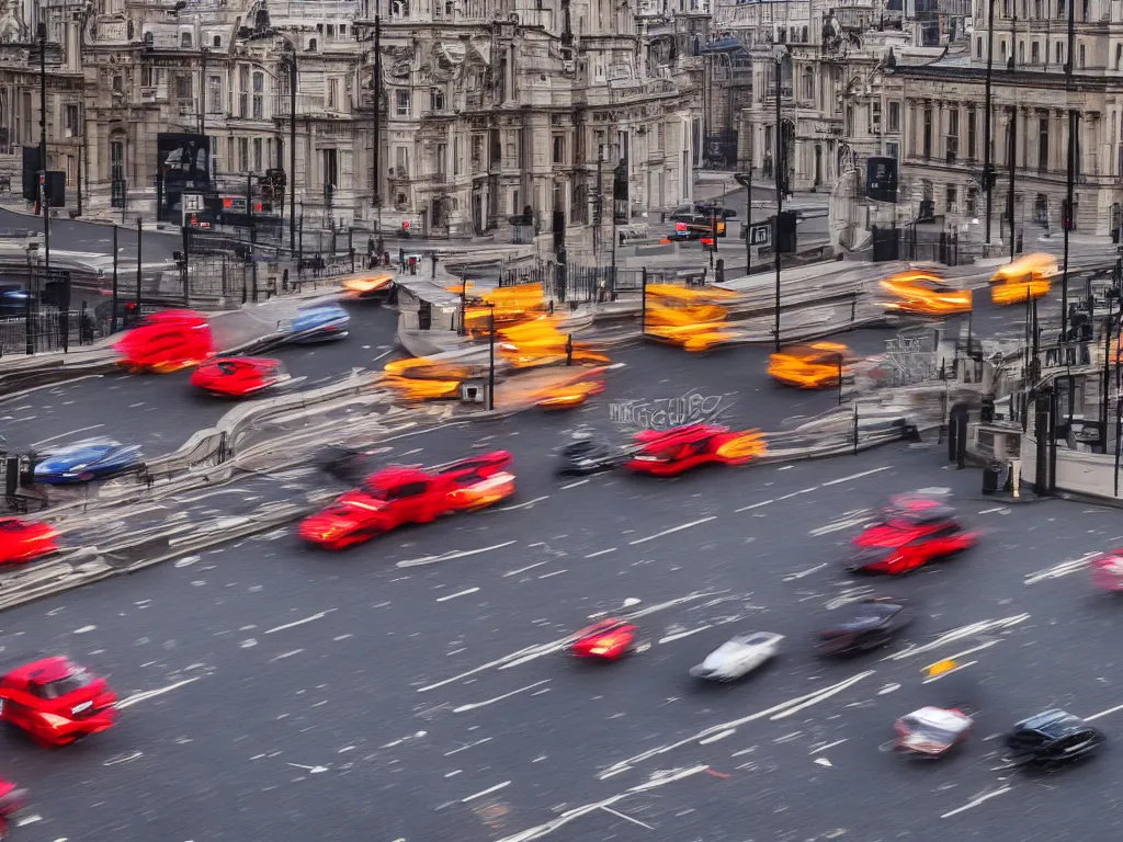 Prompt: 3 cars racing through london streets, dramatic crane view, cinematic dusk lighting