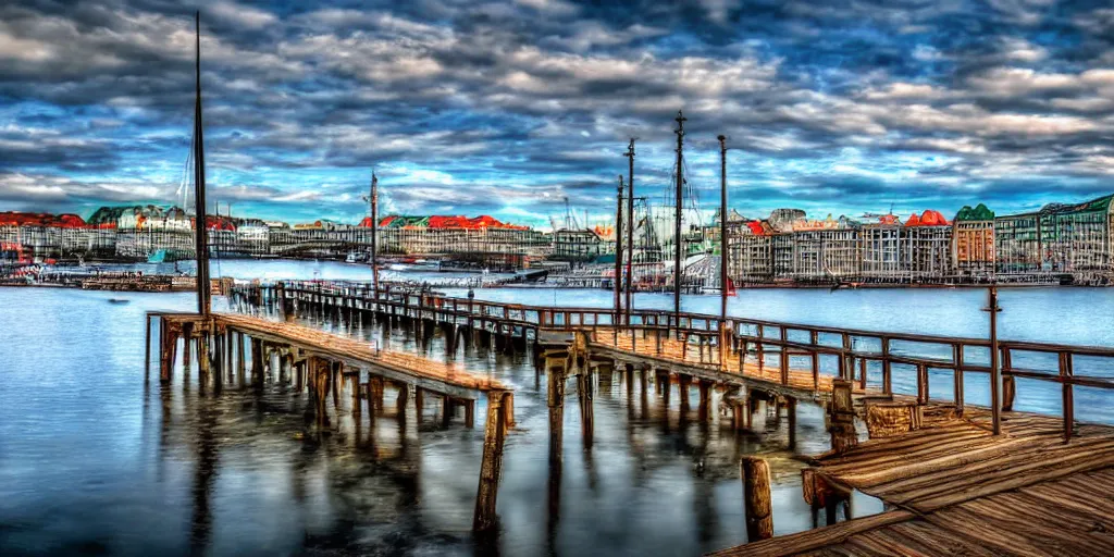 Image similar to pier in Oslo with aurora, digital art, amazing details, beautiful view