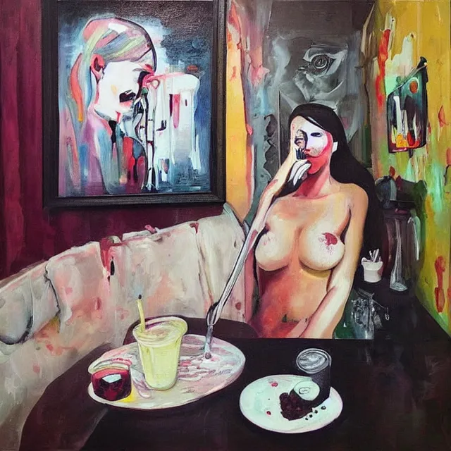 Prompt: “ sensual, a portrait in a female art student ’ s apartment, pancakes, woman drinking an iced latte from a painting, berries, art supplies, a candle dripping white wax, berry juice drips, neo - expressionism, surrealism, acrylic and spray paint and oilstick on canvas ”