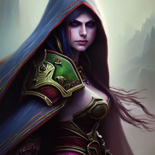 Image similar to Portrait Lady Sylvanas Windrunner, World of Warcraft, alexandra daddario, fanart, 4k oil on linen by wlop, artgerm, andrei riabovitchev, nuri iyem, james gurney, james jean, greg rutkowski, highly detailed, soft lighting 8k resolution