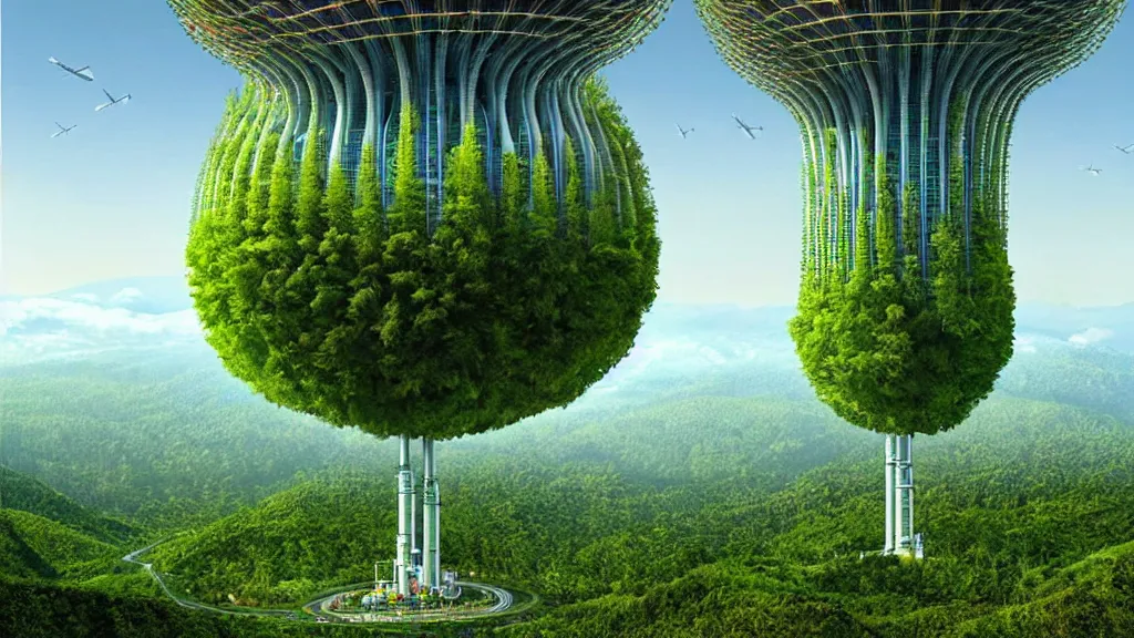 Image similar to Clean, Cheap Abundant,Nuclear Energy Future, Forest in Harmony with Nature; Location: Quito, Ecuador; by Vincent Callebaut; by Simon Stålenhag; retro-futuristic ; retro natural-futurism;