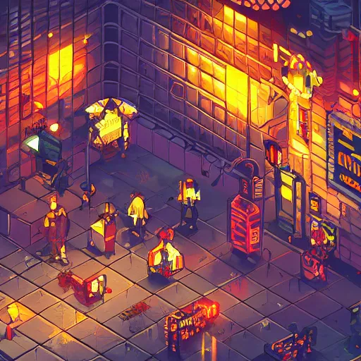 Image similar to fantastic lighting, pixel art, high detail , 16 bits, cyberpunk market, 2d