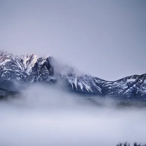 Prompt: a giant monster taller than the surrounding snow capped mountains emerging from the mist, award winning photography