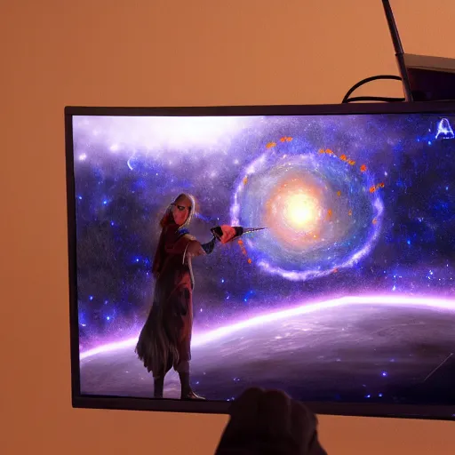 Prompt: a young mage creating a universe on a monitor, hyperrealistic, extremely detailed, award-winning art, trending on Artstation