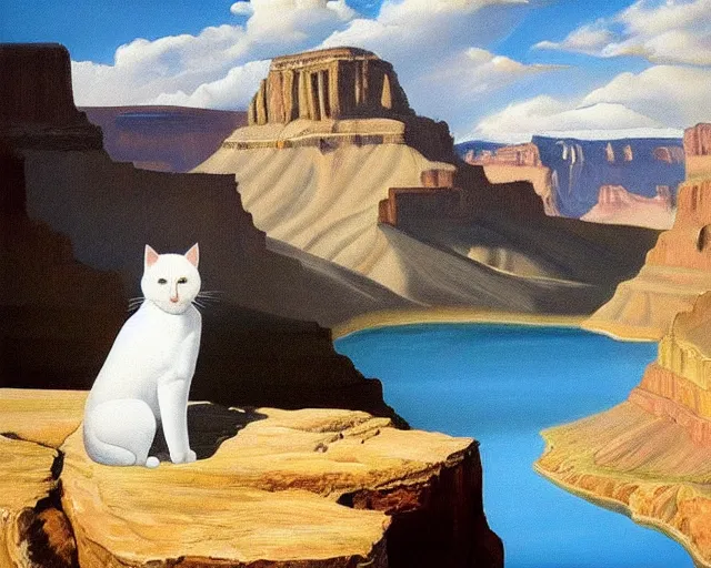 Prompt: painting of a white cat and human female by salvador dali, grand canyon, river, mountains, lake