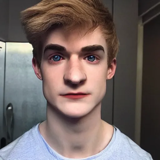Image similar to “a realistic detailed photo of a guy who is an attractive humanoid who is half robot and half humanoid, who is a male android, twitch streamer Ninja Tyler Blevins, shiny skin, posing like a statue, blank stare, at the door entrance, display”
