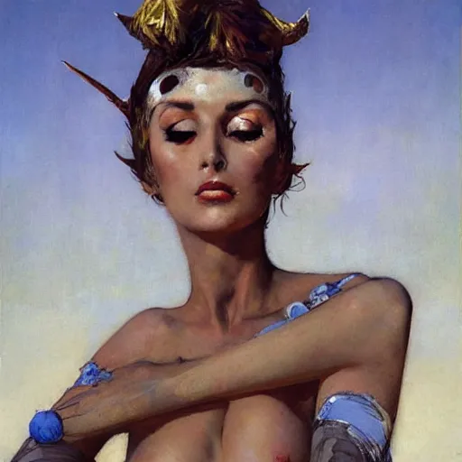 Image similar to Portrait frontal d'une femme chauve ricanante avec des cornes et des yeux bleus glacés, par Robert McGinnis.