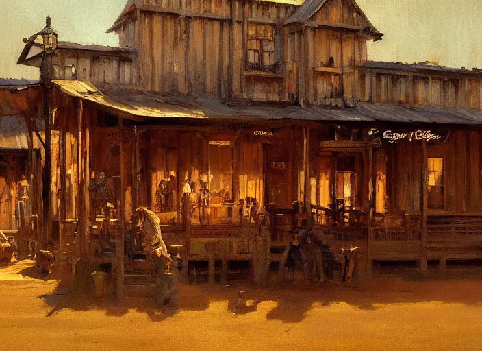 Image similar to oil painting of closeup western saloon bar, wild west, dimly light, dusty and dirty, art by anders zorn, wonderful masterpiece by greg rutkowski, beautiful cinematic light, american romanticism by greg manchess, creation by tyler edlin