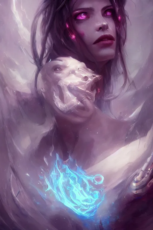 Image similar to face closeup beautiful girl necromancer full of sculls, wizard of the coast casting magic spell, angel and demons, heaven, magic storm and thunder clouds, scifi, fantasy, magic the gathering, hyper detailed, octane render, concept art, 3 d render, hyper realistic detailed portrait, peter mohrbacher