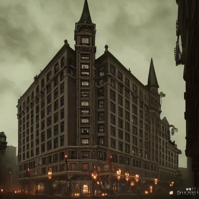 Prompt: action scene painting of a 1 9 2 0 s gothic style hotel in downtown boston, overlooking a dark street, architectural, atmospheric lighting, brooding, painted, intricate, ultra detailed, well composed, best on artstation, cgsociety, epic, horror, stunning, gorgeous, intricate detail, much wow, masterpiece, cinematic aesthetic octane render, 8 k hd resolution,