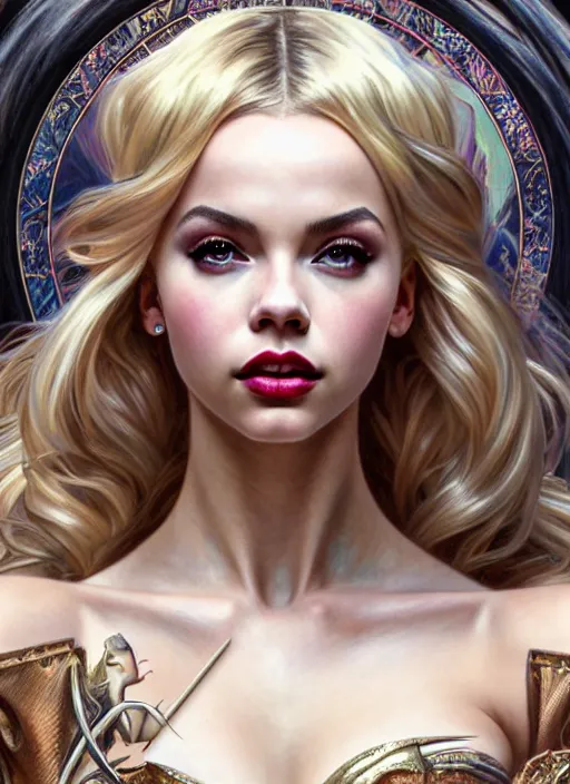 Image similar to ultra realistic illustration, a stunningly beautiful greek gothic goddess of chaos played by jordyn jones and dove cameron and margot robbie and taylor swift and megan fox, intricate, elegant, highly detailed, digital painting, artstation, concept art, smooth, sharp focus, illustration, art by artgerm and greg rutkowski and alphonse mucha