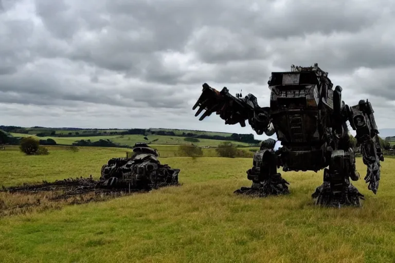 Image similar to beautiful english countryside, a ginormous destroyed mech lies broken in a field