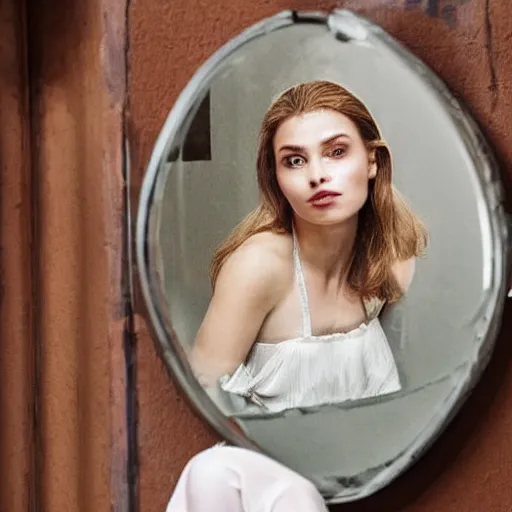 Image similar to a beautiful actress sitting in front of a cracked mirror, beautiful face, elegant furniture