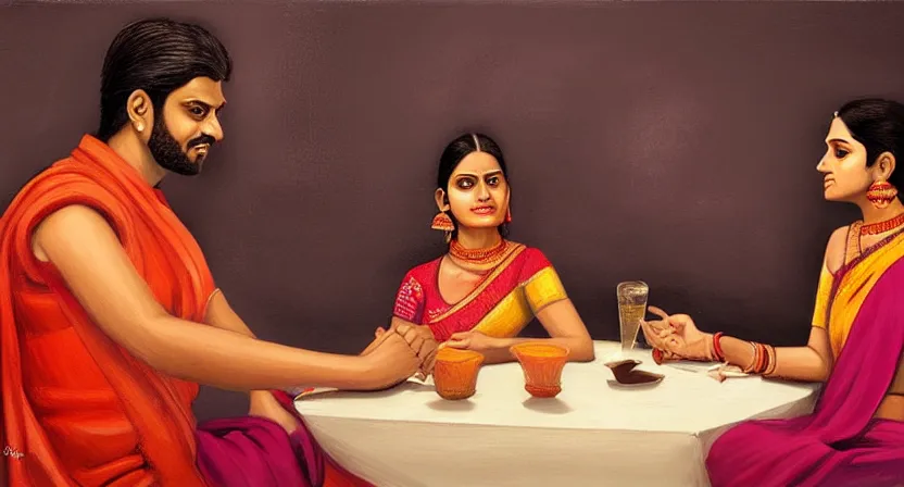 Image similar to a guy and girl on a date in a restaurant, saree, desi, art by salman toor. faithfully depicted facial expression, perfect anatomy, sharp focus, global illumination, radiant light, detailed and intricate environment, trending on artstation