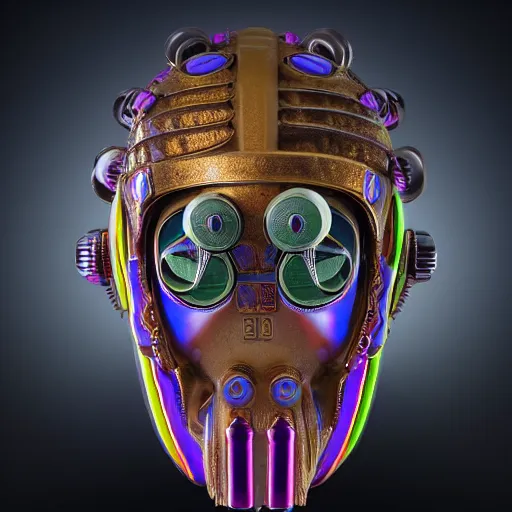 Image similar to a claymodel of a steampunk rococo spaced out futuristic robot head wearing multicolored tubes, 8 k, front view, symetrical, flourescent colors, halluzinogenic, multicolored, exaggerated detailed, front shot, 3 d render, octane