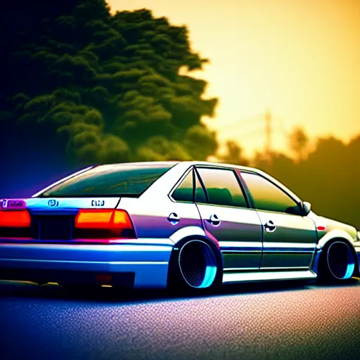 Image similar to a car Toyota Chaser twin-turbo at illegal car meet, Saitama prefecture, city sunset mist neon lights, cinematic color, photorealistic, highly detailed, 200MM