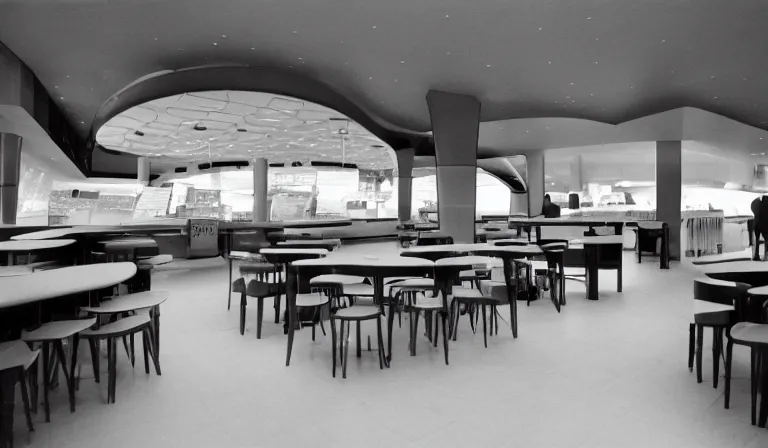 Image similar to The interior of a McDonalds designed by Zaha Hadid, 35mm film, long shot