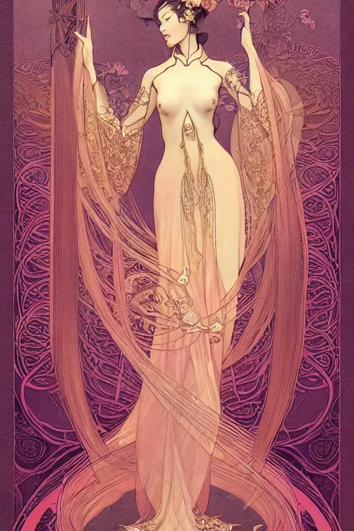 Image similar to full length portrait of a beautiful mysterious chinese fairy, no hands, by eve ventrue, michael carson, andreas rochas, john watkiss, casey weldon, artgerm. art nouveau. tarot card by mucha. gloomhaven. swirly intricate linework background. gaudy colors, sharp edges. octane render