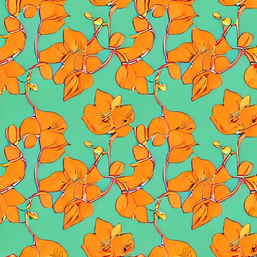 Image similar to repeating fabric pattern, minimalistic, miniature tiny orange and peach color flowers, green and brown vines and leaves, in the style of Bonnie Christine