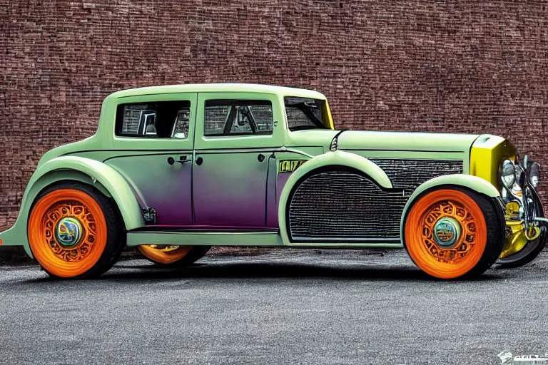 Image similar to full color photo of cyberpunk version of a 1 9 3 0 cadillac v 1 6