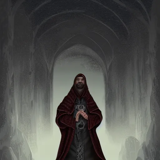 Image similar to 4 0 years old man, skinny, slim : : goatee beard : : hooded cloak : : medieval city, night, dark, grim, high detail, digital art, rpg, illustration