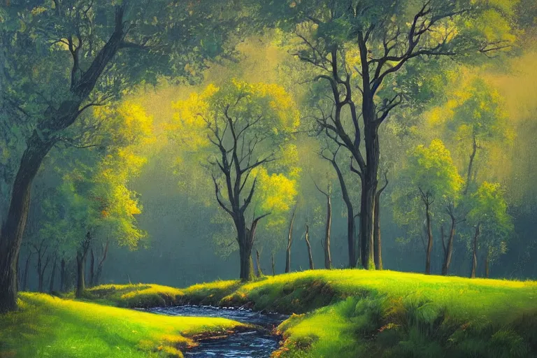 Image similar to masterpiece painting of oak trees on a hillside overlooking a creek, dramatic lighting, by alena aenami