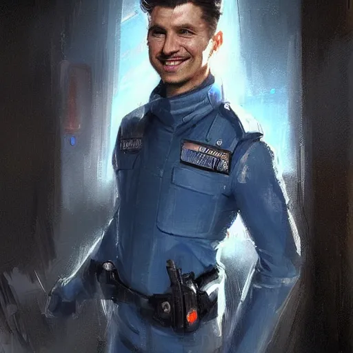 Prompt: Portrait of a man by Greg Rutkowski, he is about 30 years old, mixture between russian and turkish, quiff copper hair, attractive, uncanny smile, he is wearing a futuristic blue police outfit, highly detailed portrait, scifi, digital painting, artstation, concept art, smooth, sharp foccus ilustration, Artstation HQ