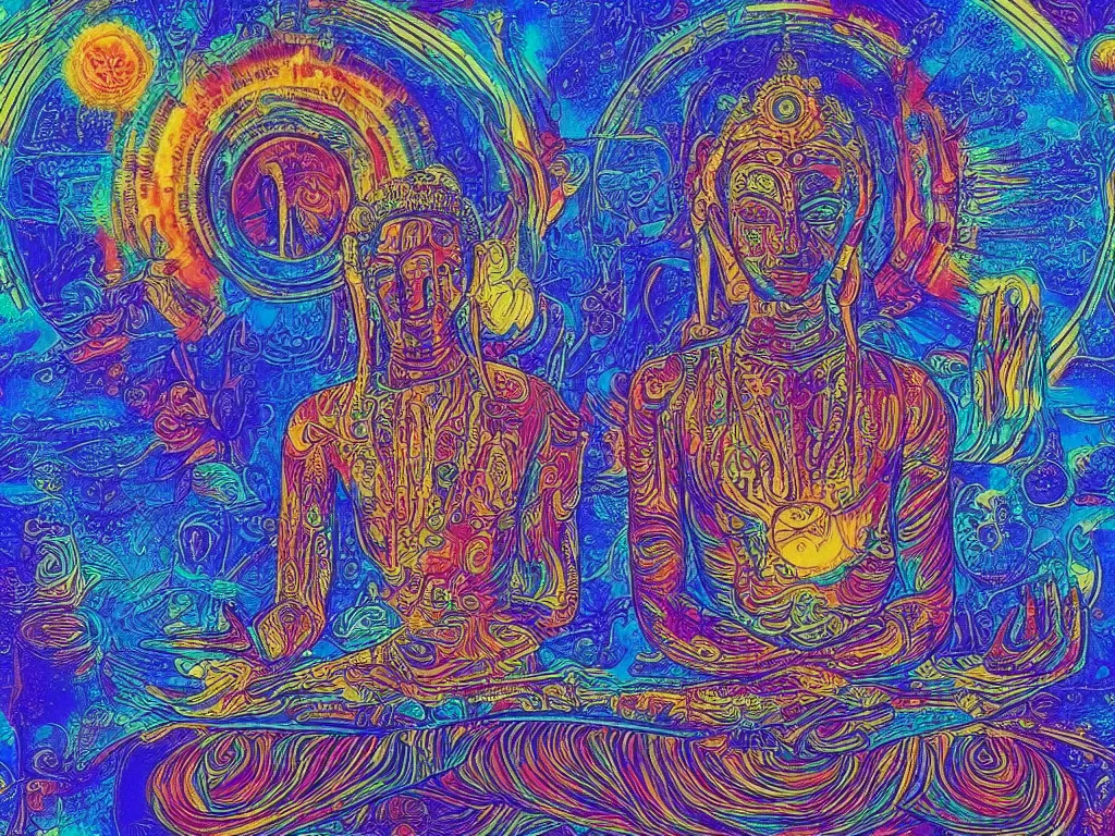 Image similar to human meditating supreme peace immense knowledge infinite color dmt art blue black gold love