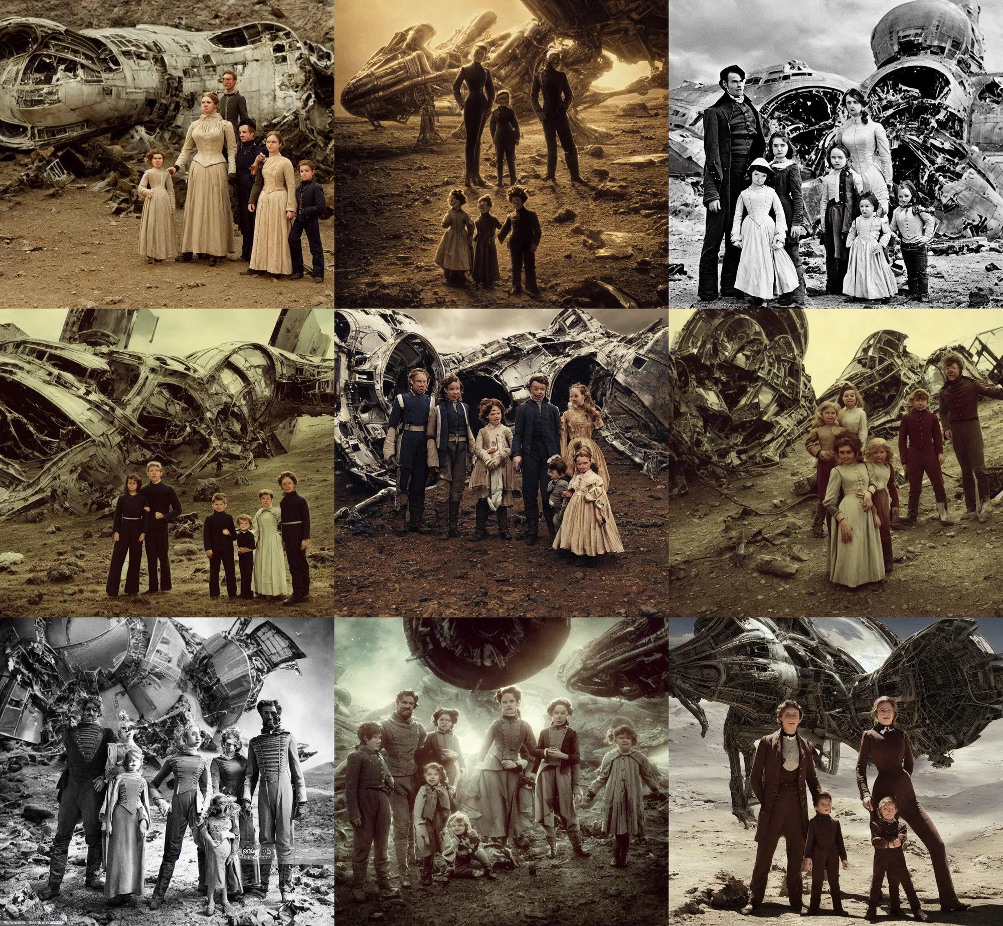Prompt: extremely sharply detailed, from blockbuster 9 6 k sci fi color movie freeze frame, set 1 8 6 0, family standing in front of crashed spaceship, on alien planet, looking happy, wearing 1 8 5 0 s era clothes, atmospheric lighting, in focus, reflective eyes, - 9 9 9 mm macro lens, live action, nice composition, good photography, in focus faces