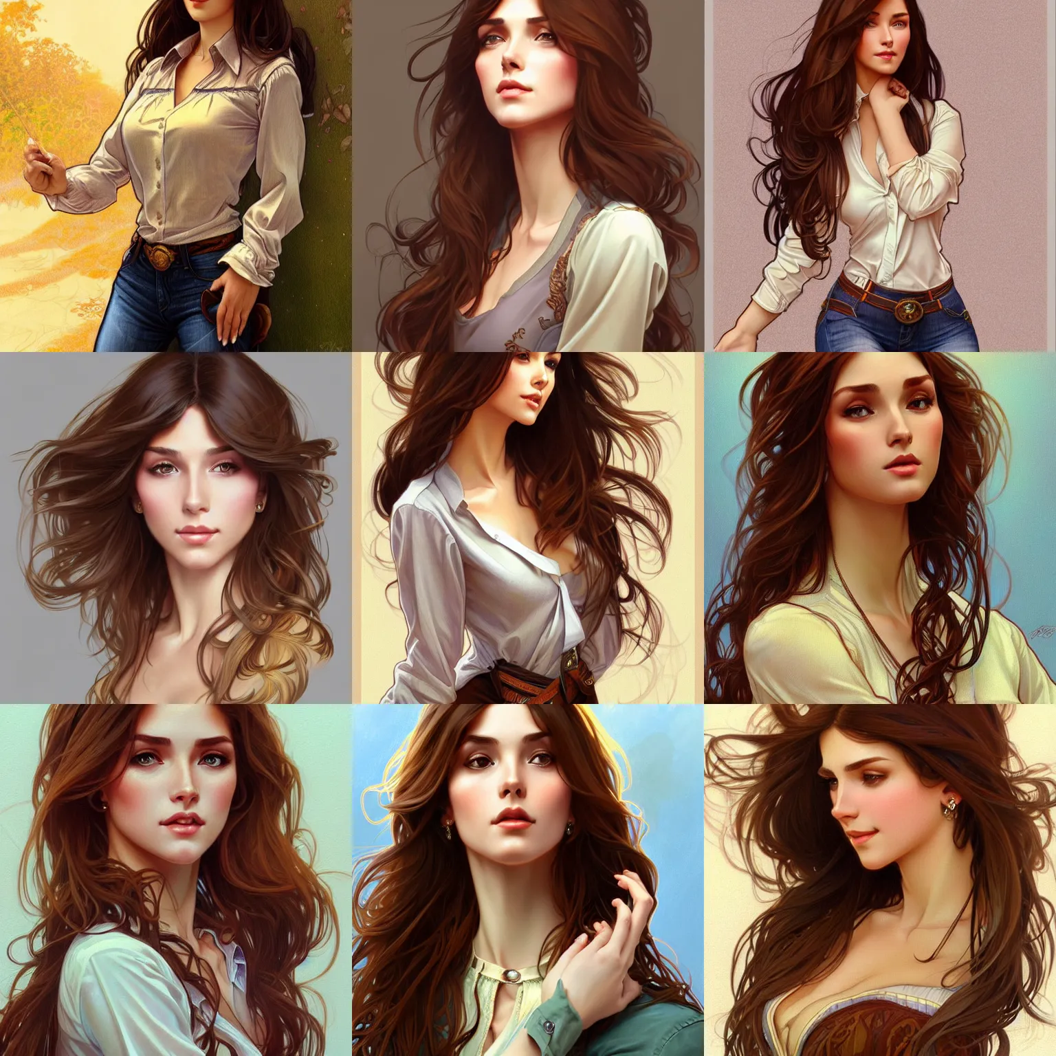 Image similar to a gorgeious woman with long brown hair wearing a blouse and jeans, highly detailed, digital painting, artstation, concept art, smooth, sharp focus, illustration, art by artgerm and alphonse mucha