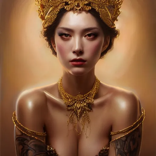 Prompt: expressive oil painting, of alluring european princess, seductive look, mysterious smile, smooth glowing skin, glistening body, love, adoration, sweat, tattoos, ornate headpiece made of beads, glamour shot, by yoshitaka amano, by greg rutkowski, by jeremyg lipkinng, by artgerm, digital art, octane render, grunge aesthetic