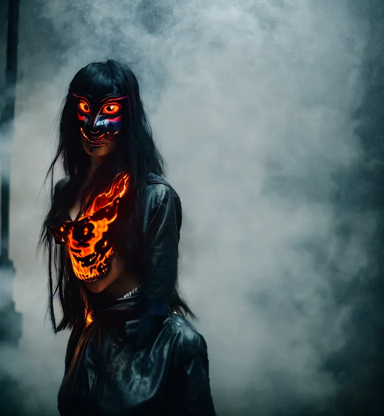 Image similar to a photo close up cyberpunk woman, wearing demon mask, fire dance in cyberpunk dirty alley, smoke mist rain, cyberpunk gunma prefecture, midnight, photorealistic, cinematic color, studio lighting, highly detailed, bokeh, style by tomino - sama