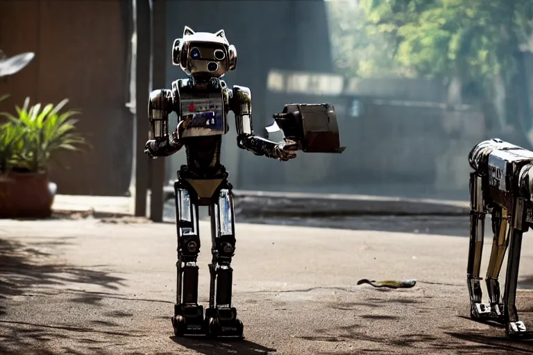 Image similar to film still from the movie chappie of the robot chappie shiny metal outdoor scene bokeh depth of field furry anthro anthropomorphic stylized wolf dog canine ears head android service droid robot machine fursona