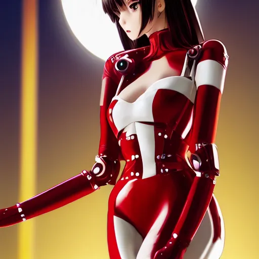 Prompt: girl wearing robotic suit, high detail, bunny suit playboy, tight suit, nurse's leather suit, in red velvet stockings, red bra, high shoes, full length, very anime, fine - face, audrey plaza, realistic shaded perfect face, fine details. anime. realistic shaded lighting poster by ilya kuvshinov katsuhiro otomo ghost