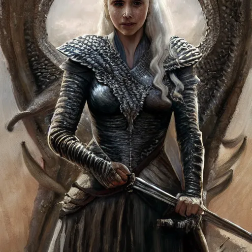 Prompt: A painting of Daenerys Targaryen wearing a intricate silver armor and holding Excalibur by nuri iyem, james gurney, james jean, greg rutkowski, anato finnstark. hyper detailed