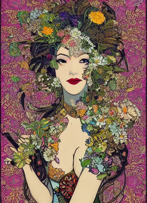 Image similar to !!! very coherent!!! beautiful floralpunk balinese cyborg portrait girl female illustration detailed patterns art of bali traditional dress, flower pop art, floral splash painting, art by geof darrow, ashley wood, alphonse mucha, makoto shinkai, dark shadow