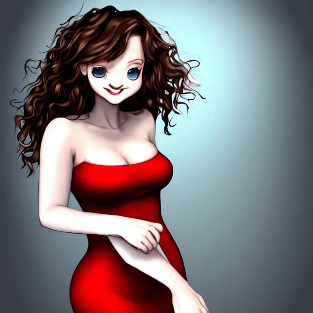 Prompt: professional digital art of a white incredibly !!!!attractive!!!! smiling thin slightly curvy woman with light brown curly hair blue eyes, front view, facing camera, standing in tight red dress, very attractive, beautiful face, impressive, smiling, Canon 40mm view, HD, 4k, well composed, best on artstation, cgsociety, epic, stunning, gorgeous, intricate detail, wow, masterpiece by Gil Elvgren and Artgrem and Dorian Cleavanger