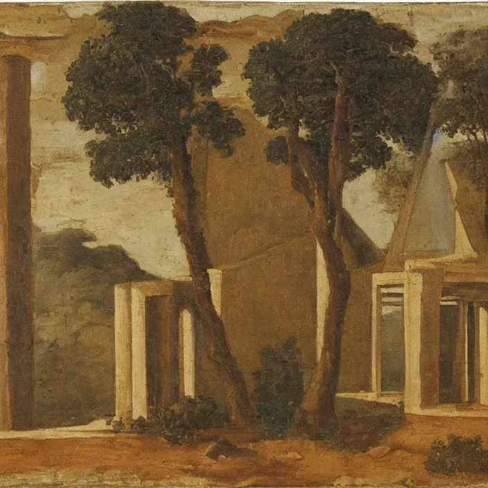 Prompt: a building in a serene landscape, early christian painting