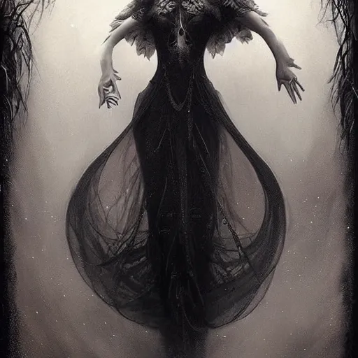 Prompt: By Tom Bagshaw, ultra realist soft painting of curiosities carnival by night, very beautiful horn female long gothic dress thin dark lustrous hair, partial symmetry features, very intricate details, omnious sky, black and white, volumetric light clouds