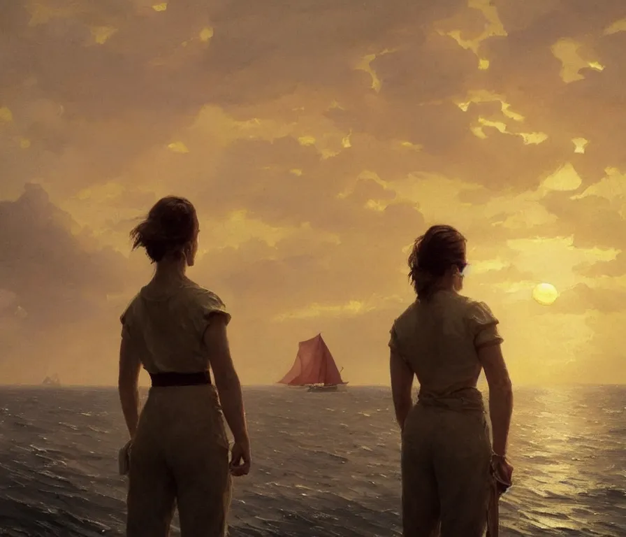 Prompt: alicia vikander as a male sailor. watches the sunset. confident pose. lush landscape. concept art by greg rutkowski, john j. park, jason chan, noah bradley, feng zhu, gintas galvanauskas, gustave courbet, rosa bonheur, edward hopper. sharp focus, cinematic atmosphere, detailed and intricate, perfect anatomy