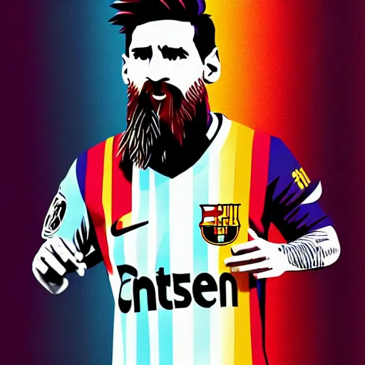 Prompt: lionel messi with a majestic beard eating a kfc zinger by alena aenami