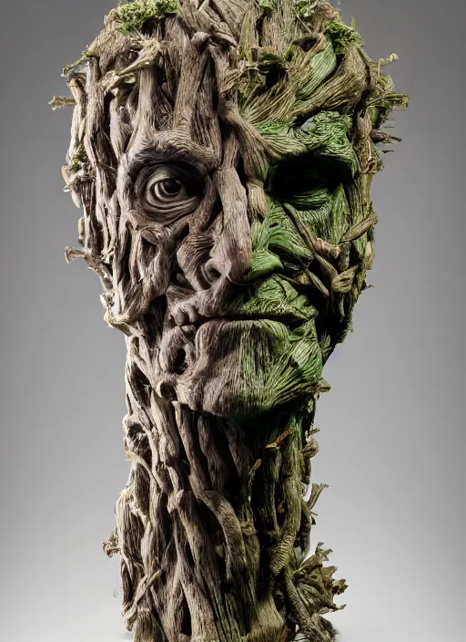 Image similar to a bust sculpture of anatomical detailed tree golem, woody harrelson, wood, green leaves, become human, ceramic base, orthographic, studio lighting