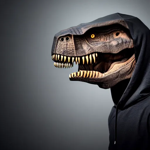 Image similar to anthromorphic t-rex wearing a black hoodie, hiding from the people, National Geographic photo, photorealistic, as coherent like Dall-E 2